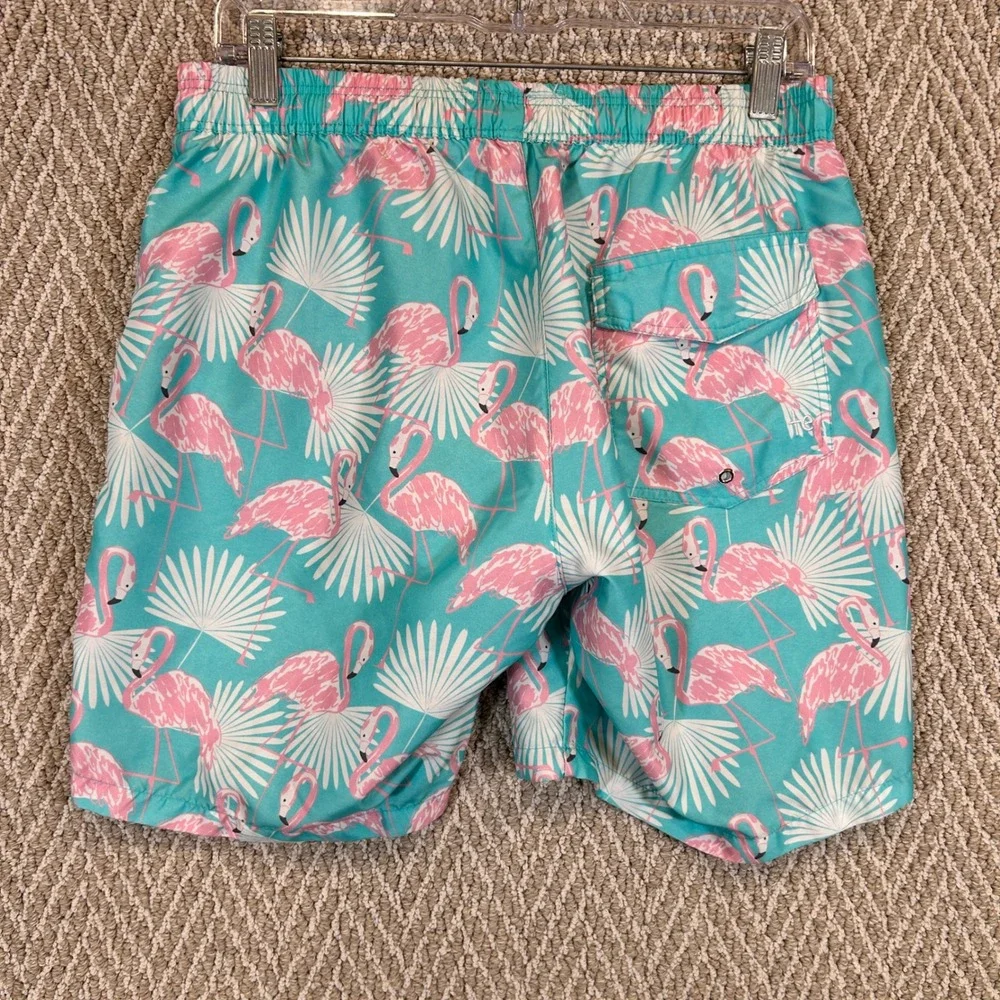 Tipsy Elves Swim Trunks Mens Medium Pink Flamingo Print Teal Tropical